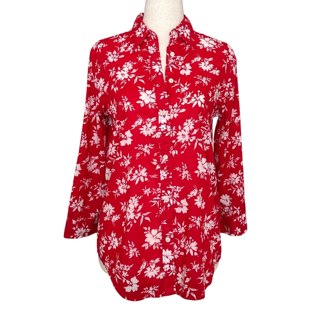 Lauren Ralph Lauren 100% Cotton Floral 3/4 Sleeve Button Down - XS - Red, White